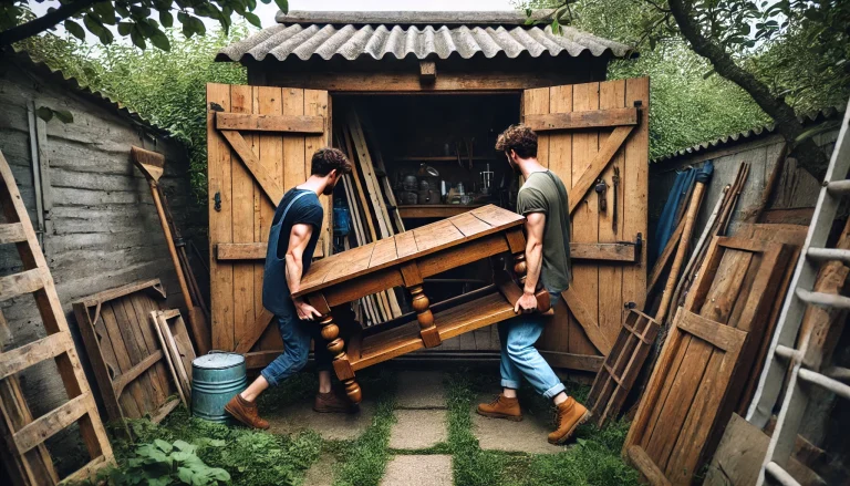 two guys taking a table out of the garden shed